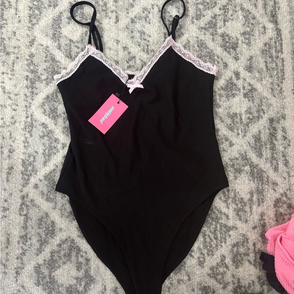 Edikted Black Chemise with Pink Lace
